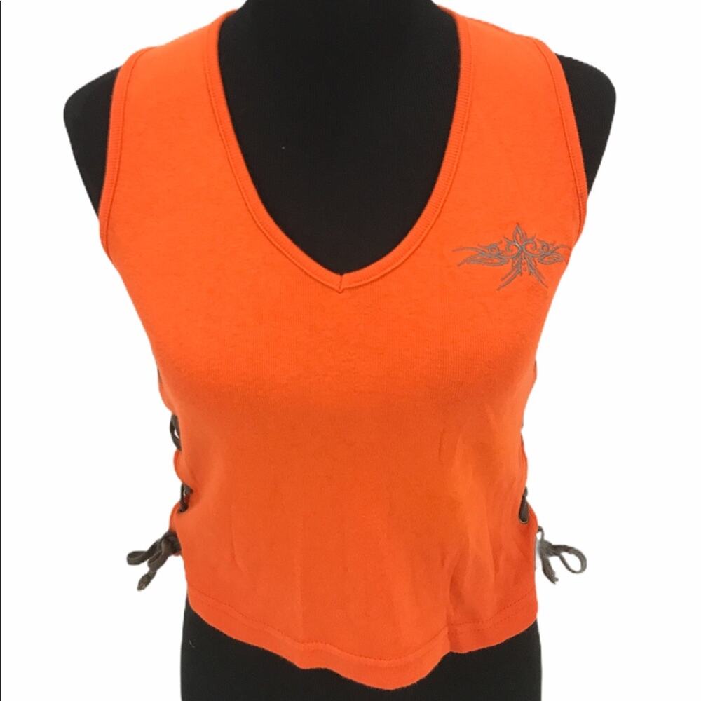 Biker Design Crop Top with Ties, Orange, Brown